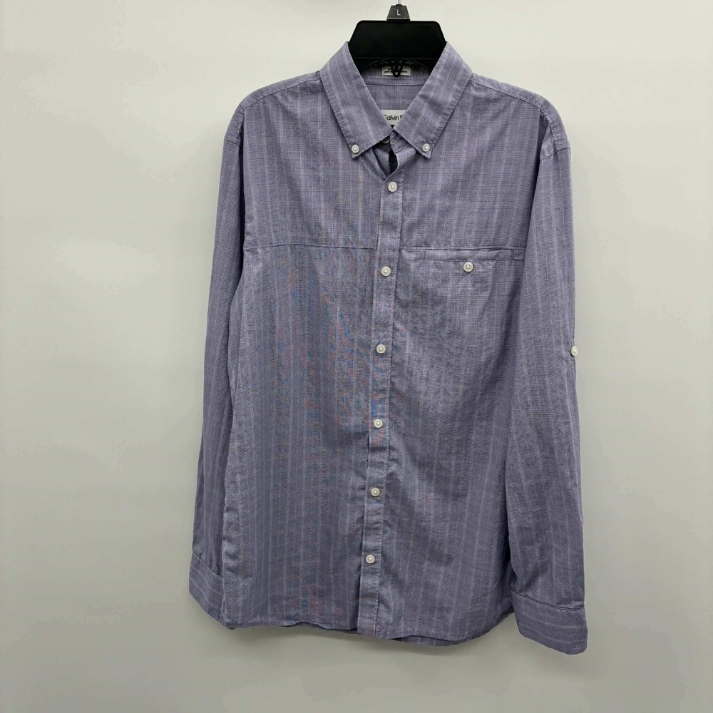 Calvin Klein Button Down Shirt Mens Small Purple Excellent Roll Tab Micro Check